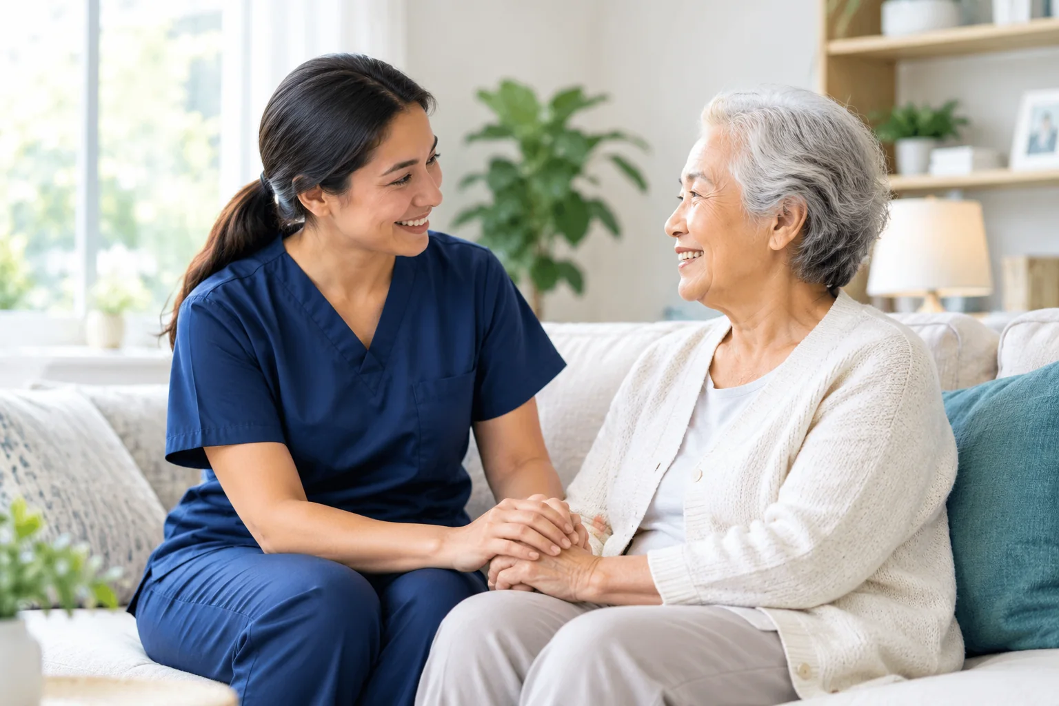 Illustration of a home health nurse holding hands with an elderly patient at home